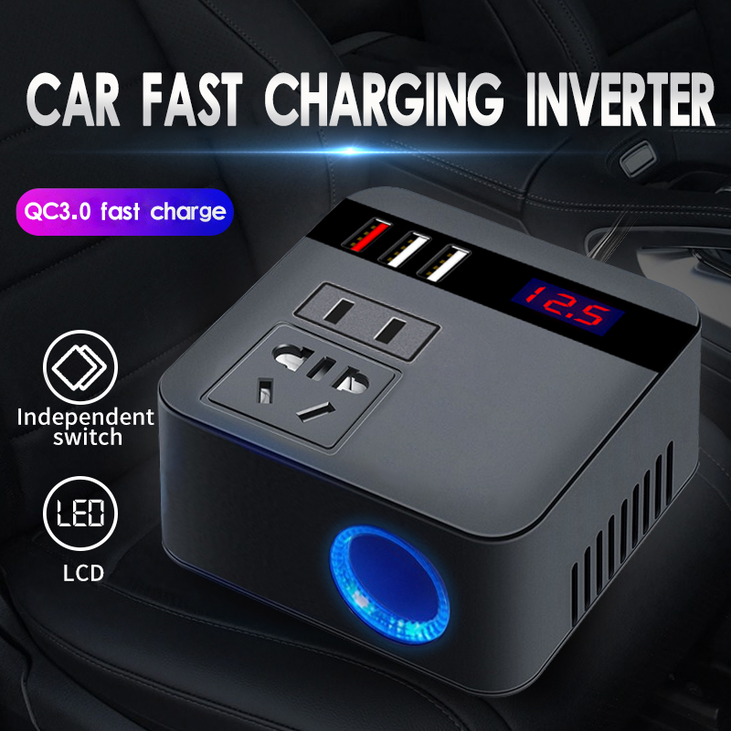 EAFC Car Inverter 150W 12V/24V to 110V/220V Cigarette Lighter Power Inverter LED Display Socket QC 3.0 USB Charger Fast Charging