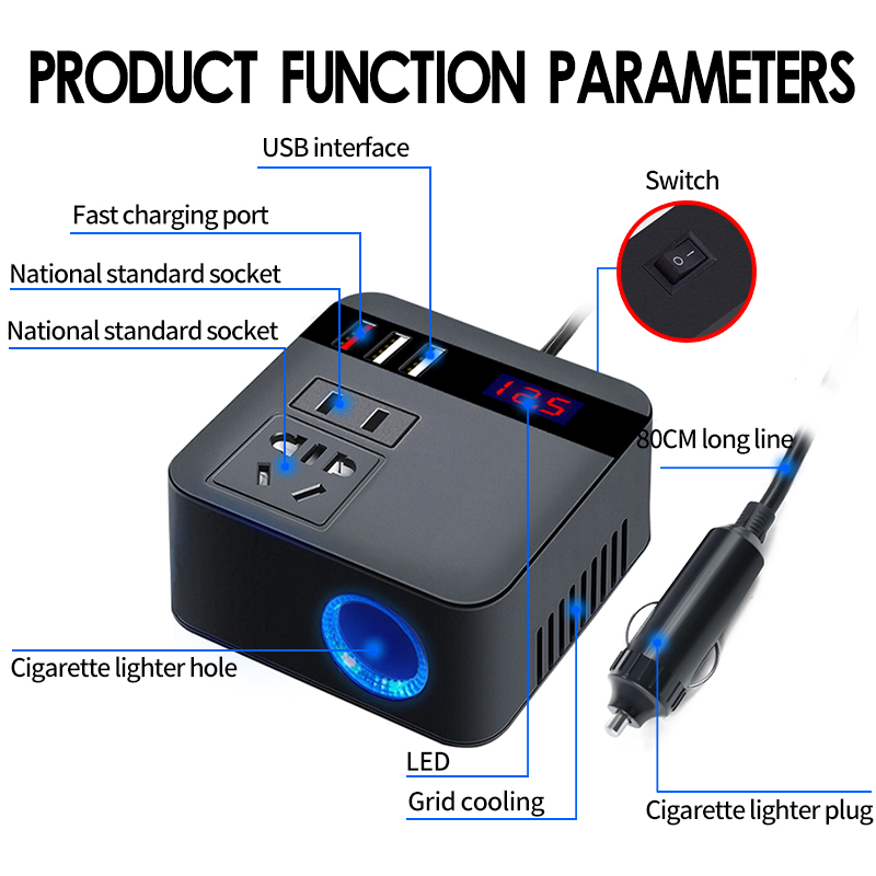 EAFC Car Inverter 150W 12V/24V to 110V/220V Cigarette Lighter Power Inverter LED Display Socket QC 3.0 USB Charger Fast Charging