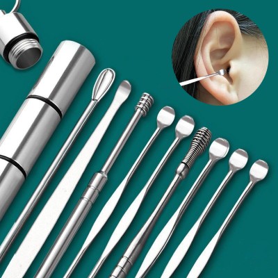 10/9Pcs/set Ear Wax Pickers Stainless Steel Earpick Wax Remover piercing kit earwax Curette Spoon Care Ear Clean Tool Easy Carry