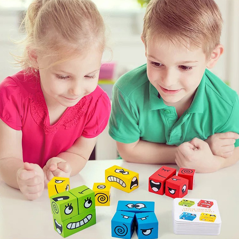 Mini Face Changing Building Blocks Iron box Set Wooden Face-changing Cube Portable Board Game for Kids Table Game Montessori Toy