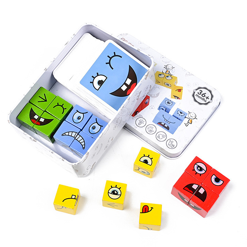 Mini Face Changing Building Blocks Iron box Set Wooden Face-changing Cube Portable Board Game for Kids Table Game Montessori Toy